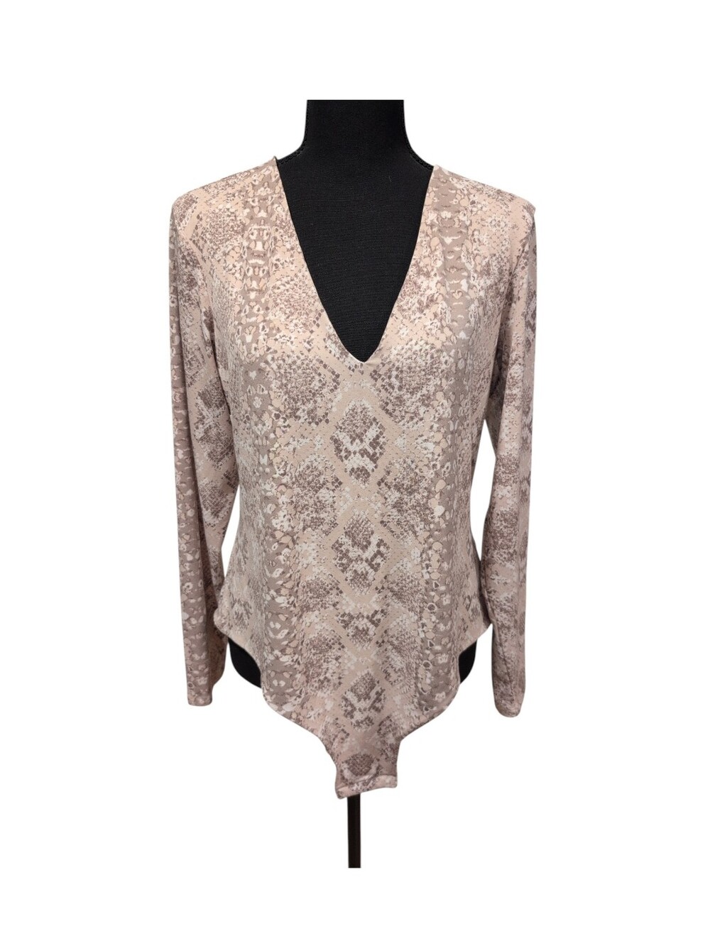 Leith Beige Snake-Print Long-Sleeve V-Neck Bodysuit Size 1X Like New